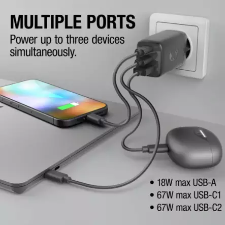 Fresh'n'Rebel pikalaturi 67W 3rd gen GaN, yksi USB-A portti ja kaksi USB-C-porttia Soveltuu läppäreille, kännyköille ja muille USNB-ladattaville laitteille - Puhelimien lataus - LT49750 - 1