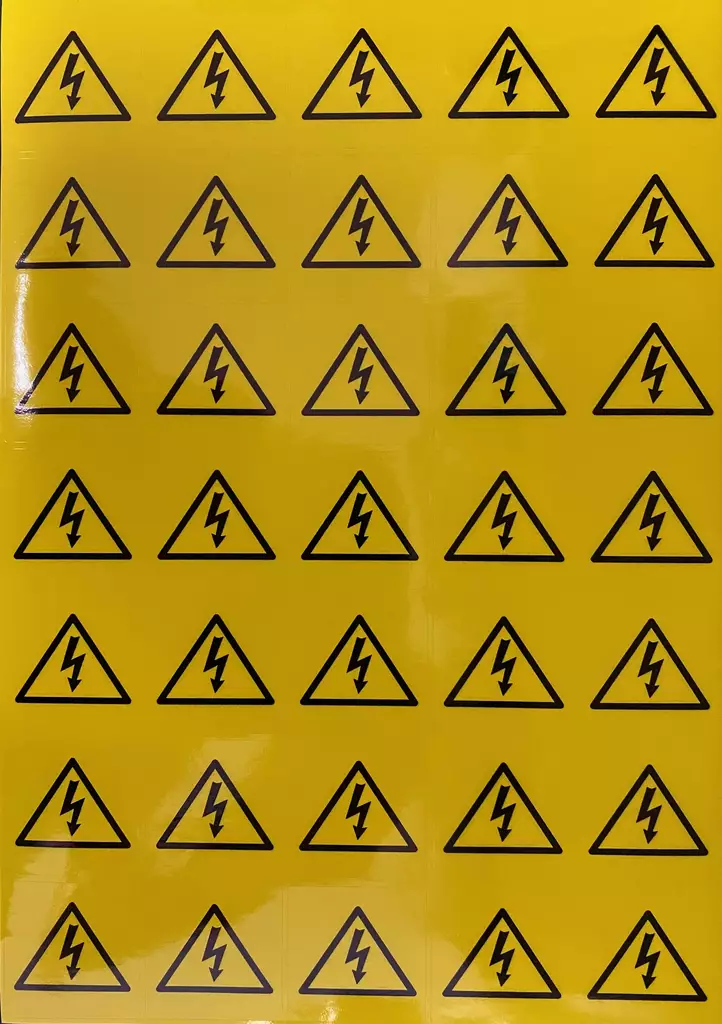 Tarra Jännite / vaara 40x40mm arkilla 35 kpl keltainen tarra musta teksti - A4 4-väri Muotoonleikatut tarrat - TARJAnnite2 - 1