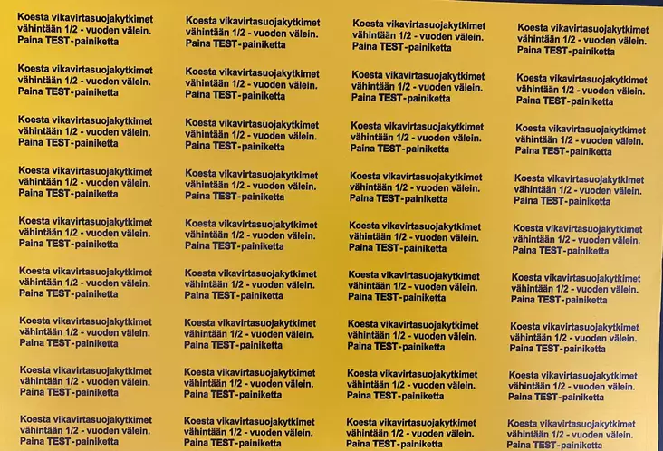 Tarra Koesta-VVS-kytkin Keltainen tarra musta teksti 20*70mm 36kpl arkilla - A4 4-väri Muotoonleikatut tarrat - TARVVS2 - 1