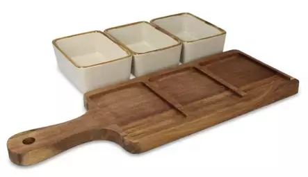 InSideOut Puinen tarjoilulauta, jossa 3 keraamista suorakaiteen muotoista kulhoa - Ruuansäilytys - LT57207 - 2