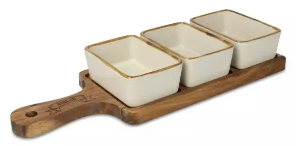 InSideOut Puinen tarjoilulauta, jossa 3 keraamista suorakaiteen muotoista kulhoa - Ruuansäilytys - LT57207 - 1