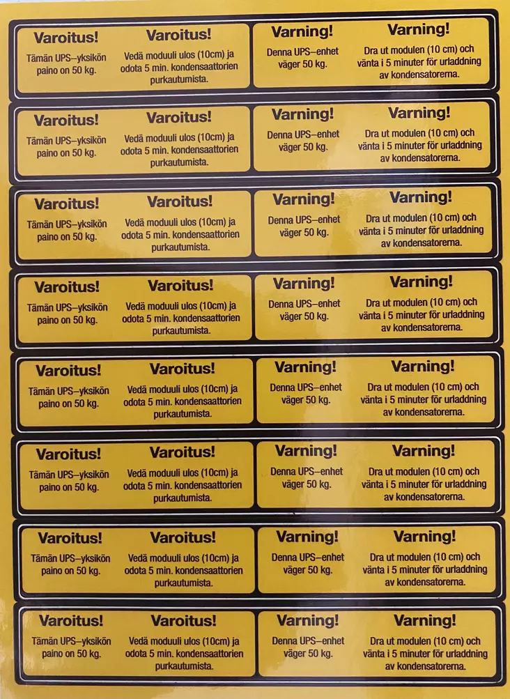 Tarra Varoitus UPS yksikön paino 50kg - A4 4-väri Muotoonleikatut tarrat  - TarABBVaroitus50kg - 1