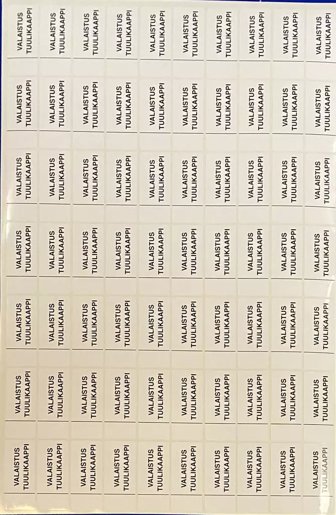 Ryhmäkeskustarra valaistus Tuulikaappi 1-mod 70kpl arkilla - A4 4-väri Muotoonleikatut tarrat  - RK-TARValaistusTK - 1