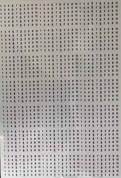 KWH-mittareiden johtimien numeromerkintä sarja 3*nrot 1, 3, 4, 6, 7, 9, 2, 5, 8 ja 11, tarrat tulevat liuskana jossa kaikkia numeroita on 3kpl, yhden tarran koko 6x38mm - A4 4-väri Muotoonleikatut tarrat  - TARliuskaKwhJalkim - 2