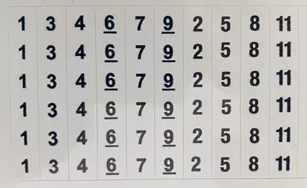 KWH-mittareiden johtimien numeromerkintä sarja 3*nrot 1, 3, 4, 6, 7, 9, 2, 5, 8 ja 11, tarrat tulevat liuskana jossa kaikkia numeroita on 3kpl, yhden tarran koko 6x38mm - A4 4-väri Muotoonleikatut tarrat  - TARliuskaKwhJalkim - 1