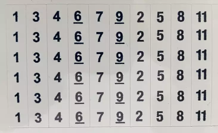 KWH-mittareiden johtimien numeromerkintä sarja 3*nrot 1, 3, 4, 6, 7, 9, 2, 5, 8 ja 11, tarrat tulevat liuskana jossa kaikkia numeroita on 3kpl, yhden tarran koko 6x38mm - A4 4-väri Muotoonleikatut tarrat  - TARliuskaKwhJalkim - 1