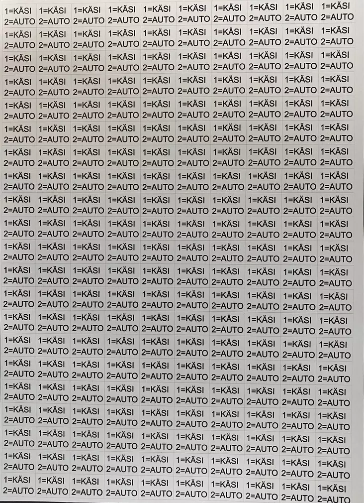 Tarra 1=Käsi 2=Auto teksti 210kpl/ arkki - A4 4-väri Muotoonleikatut tarrat  - TAR1KAsi2Auto - 1